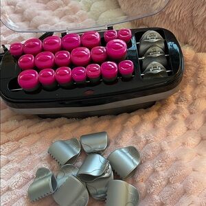 Conair Hot Rollers with Pink and Black Design and gray clips